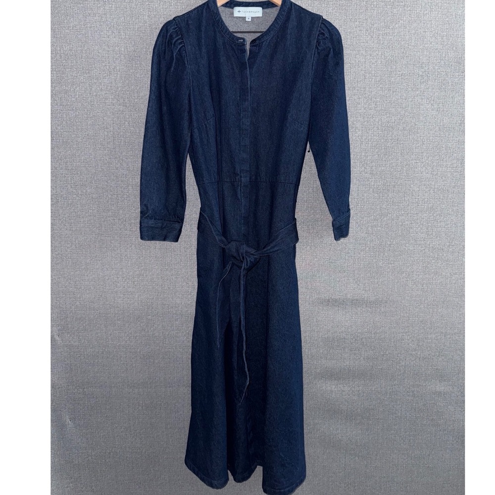 Tuckernuck Size M Denim Midi Dress Blue Belted Puff Sleeve Button Front A-Line